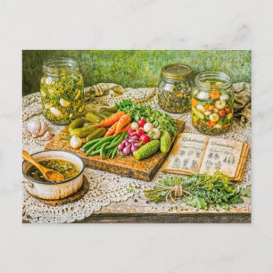 Carte Postale Concombres Marinés et Légumes Frais dans un Cadre