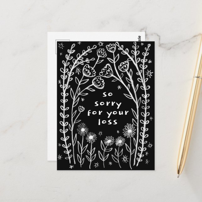Carte Postale CONDOLÉANCES Floral Whimsical Sketch Doodle Désolé (Devant/Arrière en situation)