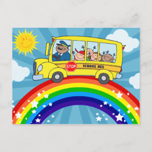 Carte Postale Conduite d'autobus scolaire sur un arc-en-ciel