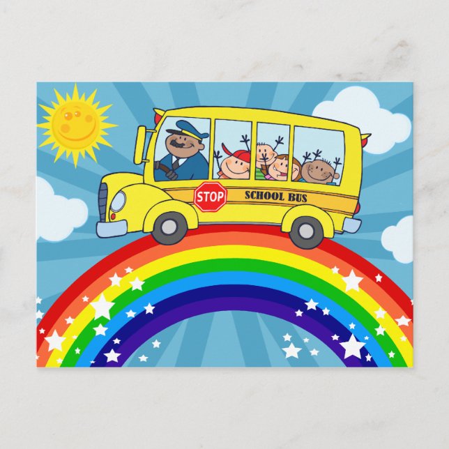 Carte Postale Conduite d'autobus scolaire sur un arc-en-ciel (Devant)