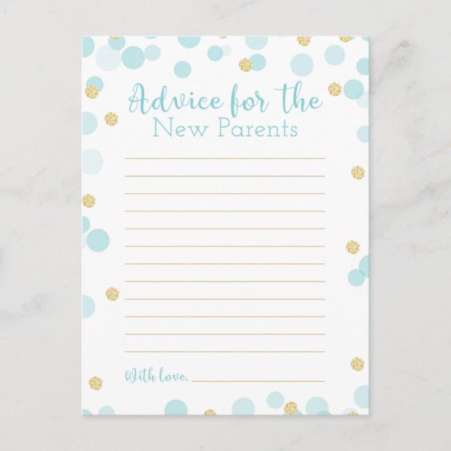 Carte Postale Confetti Baby shower bleu et or Mots de conseil (Devant)