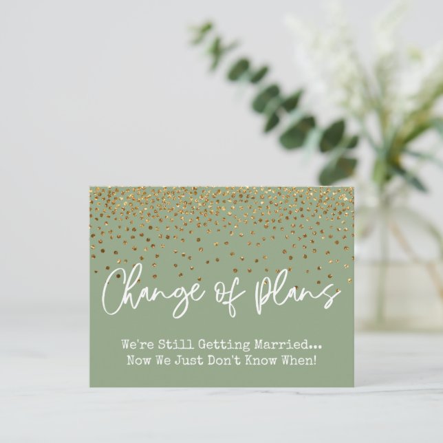 Carte Postale Confetti Sage Report du Mariage Reporté (Debout devant)