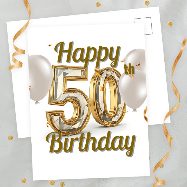 Carte Postale Confettis et Ballons Dorés Élégants 50e Anniversai (Créateur téléchargé)
