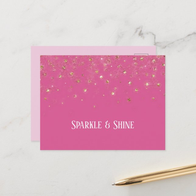 Carte Postale Confettis scintillants or rose girly (Devant/Arrière en situation)