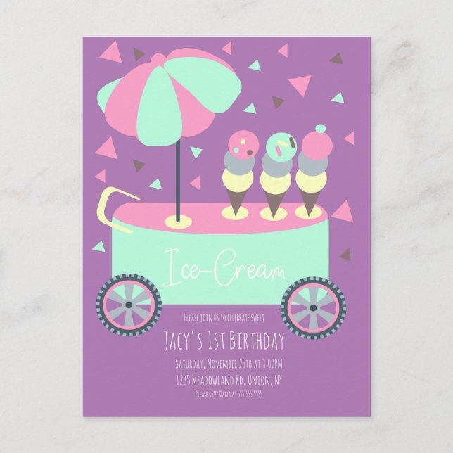 Carte Postale Confettis Stand de Glaces Anniversaire Violet (Devant)