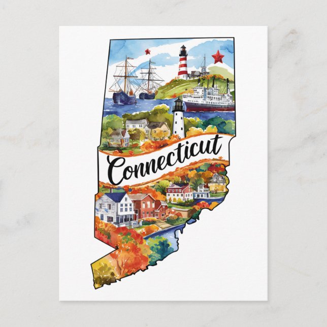 Carte Postale Connecticut États-Unis Forme d'État Aquarelle Vint (Devant)