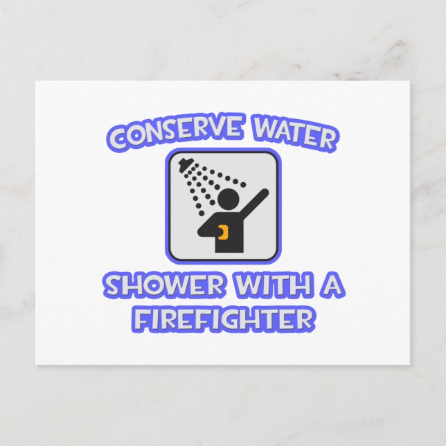 Carte Postale Conservez l'eau .. Douche avec un pompier (Devant)
