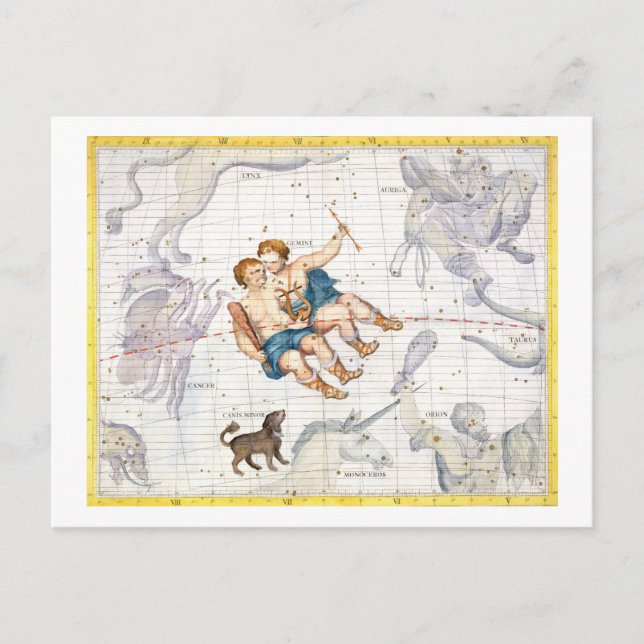 Carte Postale Constellation de Gemini avec Canis Mineure, plaque (Devant)