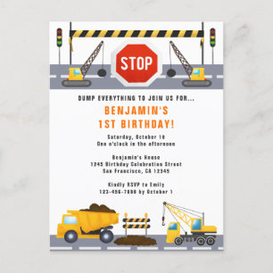 Carte Postale Construction Camions 1er anniversaire Fête Invitat
