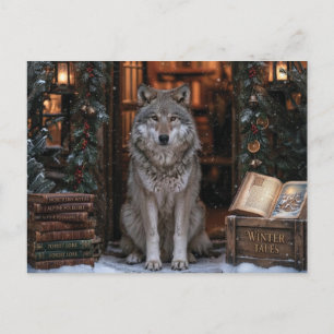 Carte Postale Contes d'hiver : Loup majestueux avec des livres d
