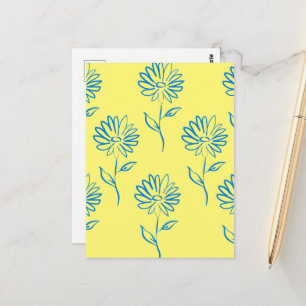 Carte Postale Contour de fleur bleue sur fond jaune
