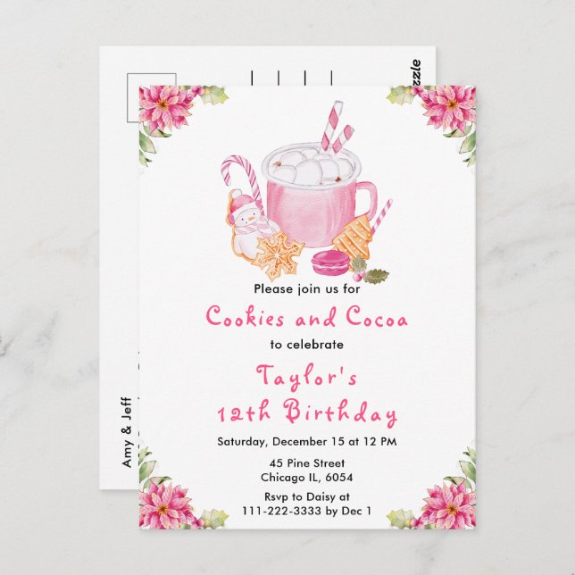 Carte Postale Cookies de Noël et cacao Fête Anniversaire rose (Devant / Derrière)