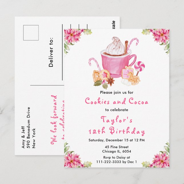 Carte Postale Cookies de Noël et cacao Fête Anniversaire rose (Devant / Derrière)
