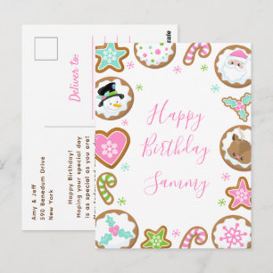 Carte Postale Cookies de Noël Rose et Vert Joyeux Anniversaire