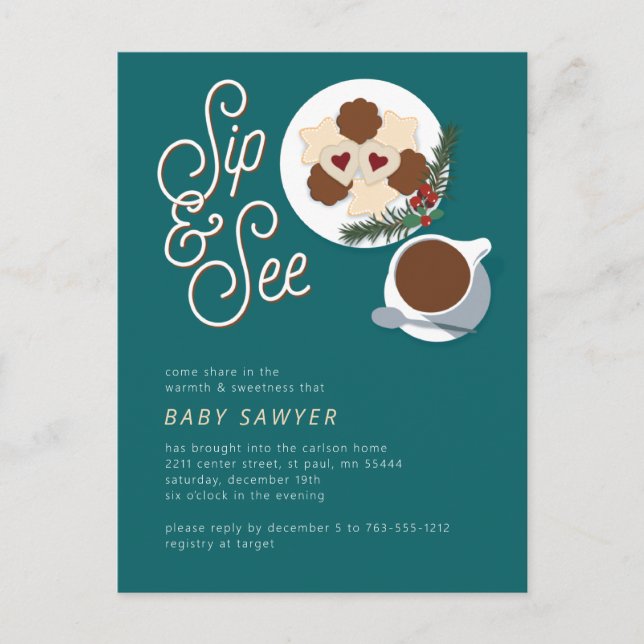 Carte Postale Cookies de vacances & café/thé Sip & Voir baby sho (Devant)