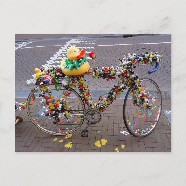 Carte Postale Cool Funny Yellow Duck Bicycle in Amsterdam (Devant)