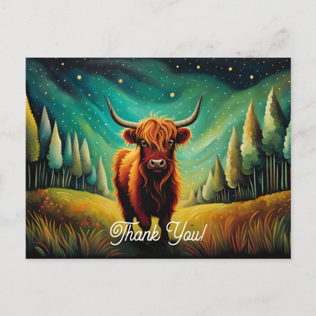 Carte Postale Cool Highland Cow Forest Meadow Merci (Devant)