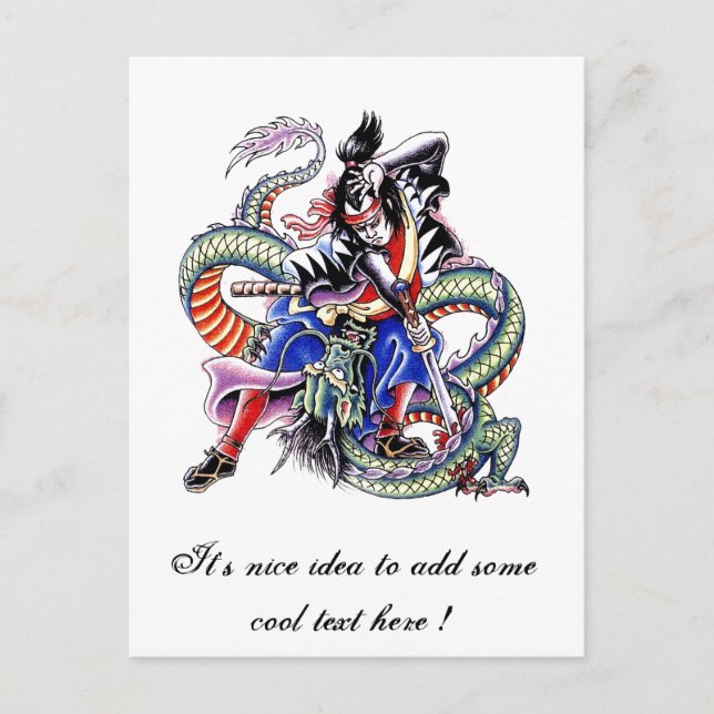 Carte Postale Cool Japonais Samurai Fight Dragon tatouage (Devant)