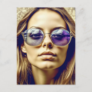 Carte Postale Cool Lady avec réflexion dans ses lunettes de sole