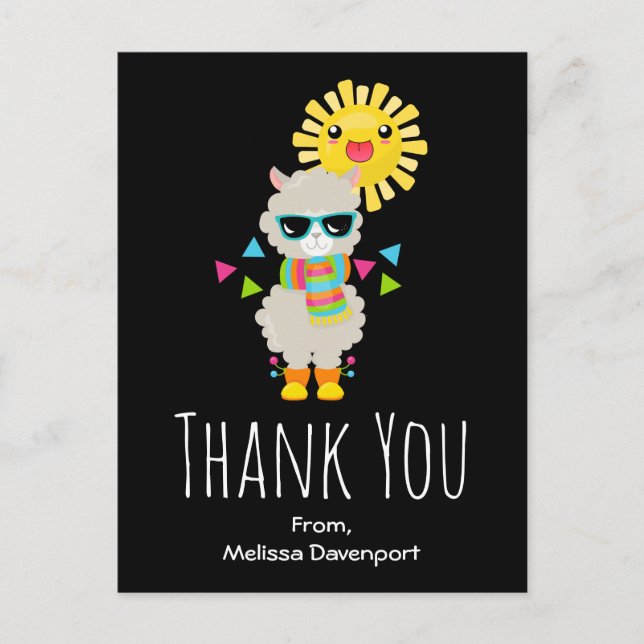 Carte Postale Cool Llama et souriant Kawaii Sun Merci (Devant)