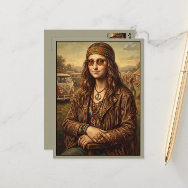 Carte Postale Cool Mona Lisa Hippie Campervan (Devant/Arrière en situation)