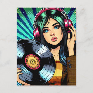 Carte Postale Cool Pop Art Comic Style Girl avec Album de Vinyl