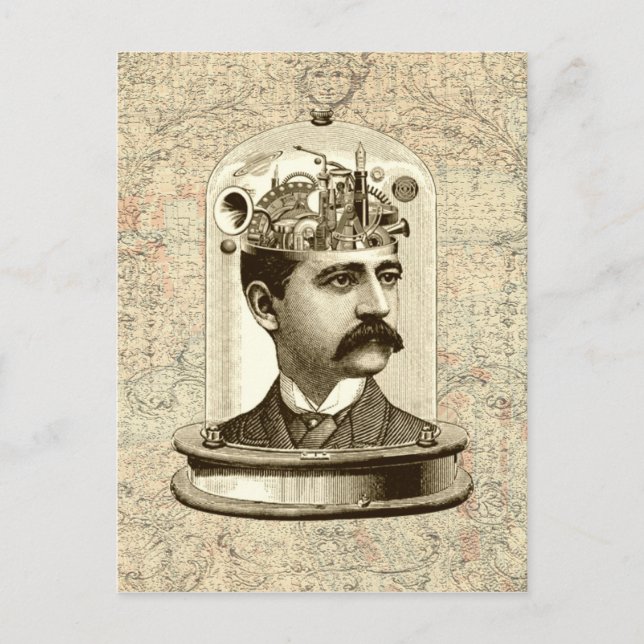 Carte Postale Cool Steampunk clockwork brain, head in jar art (Devant)