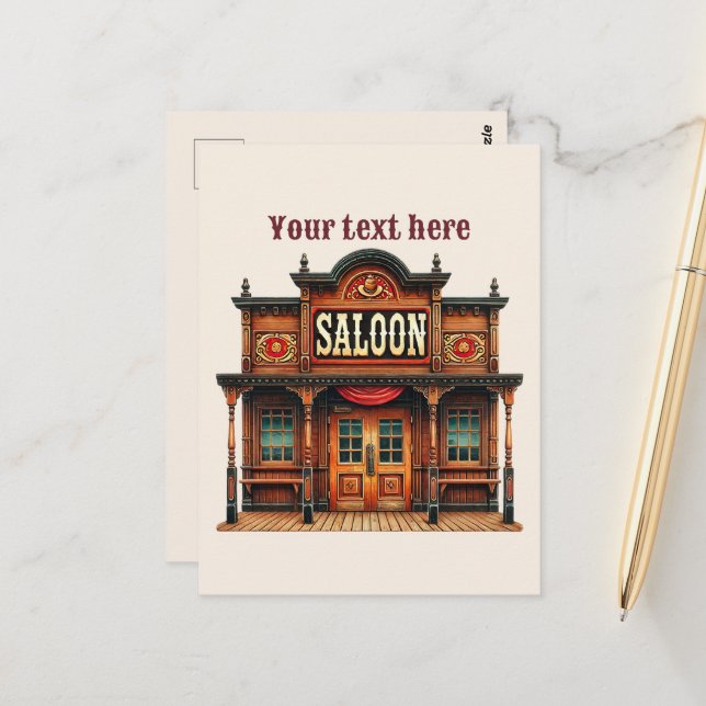Carte Postale Cool Western Saloon ajouter un message (Devant/Arrière en situation)