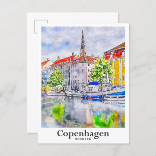 Carte Postale Copenhague Danemark Aquarelle Voyage Main tirée