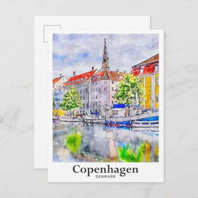 Carte Postale Copenhague Danemark Aquarelle Voyage Main tirée (Devant / Derrière)