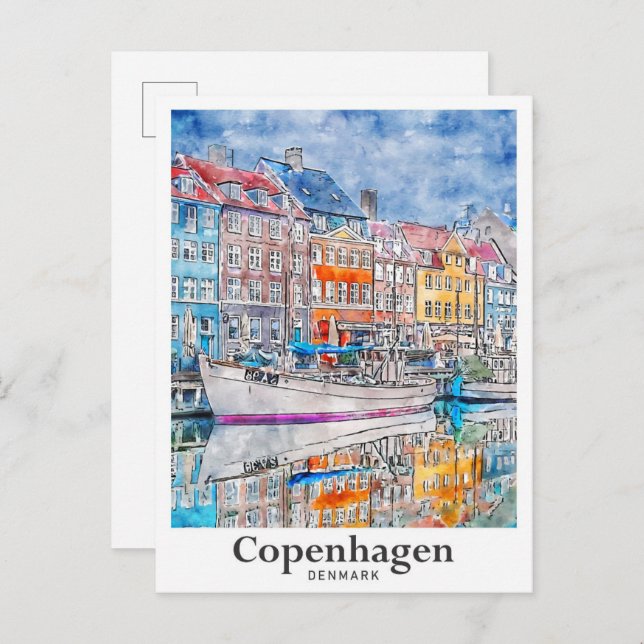 Carte Postale Copenhague Danemark Aquarelle Voyage Main tirée (Devant / Derrière)