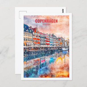 Carte Postale Copenhague Danemark célèbre Travel Place Watercolo