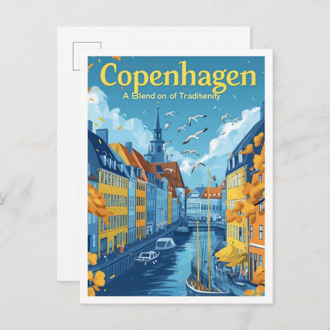 Carte Postale Copenhague Danemark Illustration de voyage d'art V (Devant / Derrière)