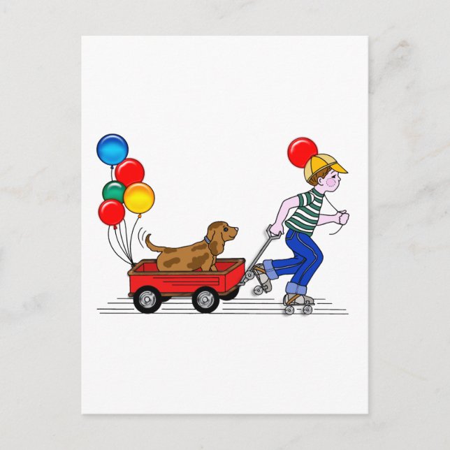Carte Postale Copie de garçon, chien, Wagon et Ballons (Devant)