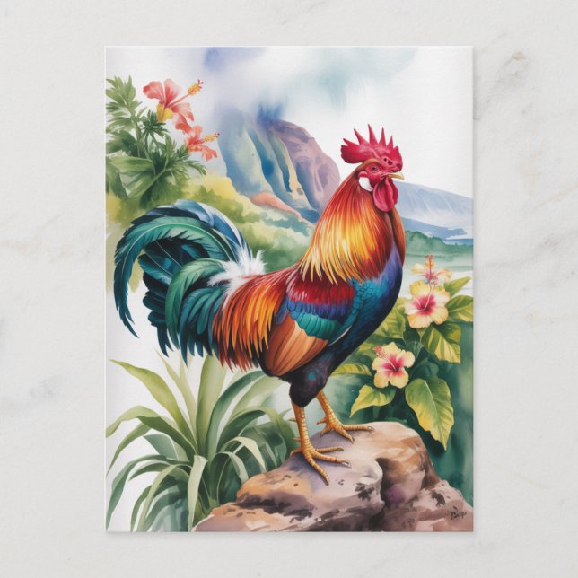 Carte Postale Coq de Kauai aquarelle (Devant)