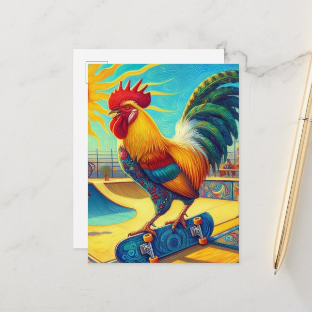 Carte Postale Coq de skate planétaire coloré (Devant/Arrière en situation)