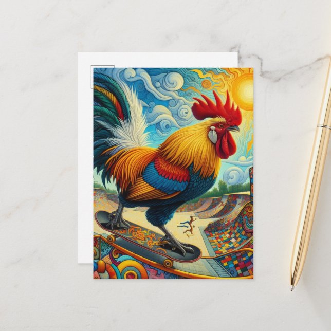 Carte Postale Coq de skateboard surréaliste (Devant/Arrière en situation)