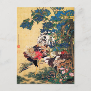 Carte Postale Coq et Hen avec Hydrangeas par Ito Jakuchu