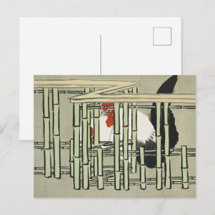 Carte Postale Coq Japonais Vintage Derrière une Clôture en Bambo