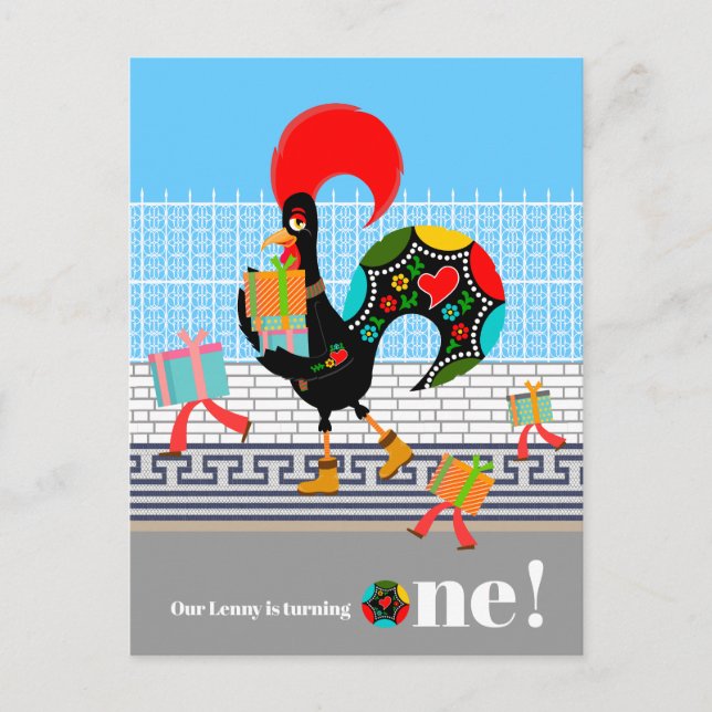 Carte Postale Coq Portugais avec cadeaux Fête d'anniversaire 1 a (Devant)