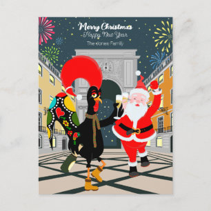 Carte Postale Coq portugais et Santa trinquent à la nouvelle ann