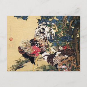 Carte Postale Coq Poule et Hydrangea par Ito Jakuchu