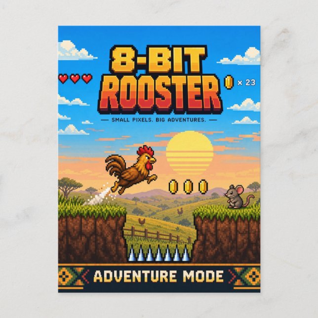 Carte Postale Coq, Rétro Pixel Art 8-Bit (Devant)