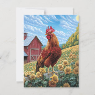 Carte Postale Coq sur une peinture de la ferme de tournesol