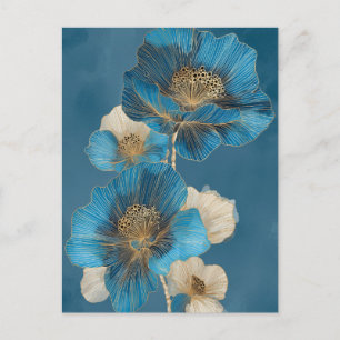 Carte Postale Coquelicot Floral Élégant Bleu Ligne Dorée