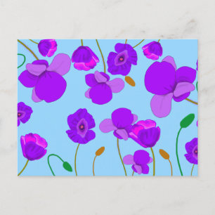 Carte Postale Coquelicot Papaver Lilas sur fond bleu clair  