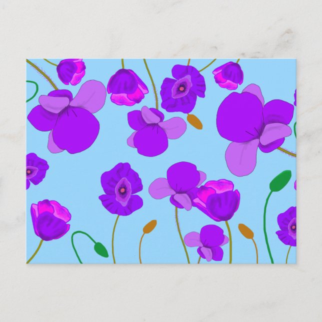Carte Postale Coquelicot Papaver Lilas sur fond bleu clair   (Devant)