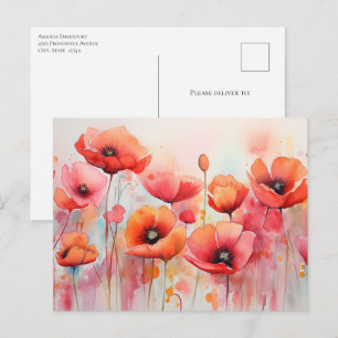 Carte Postale Coquelicots à l'aquarelle rouge dans un champ