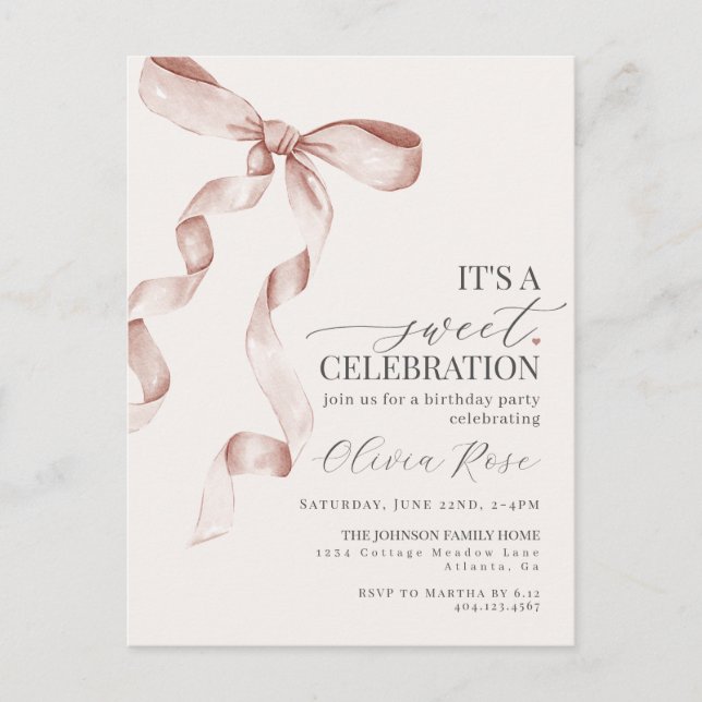 Carte Postale Coquette Beige Bow Girl Anniversaire Fête Invitati (Devant)