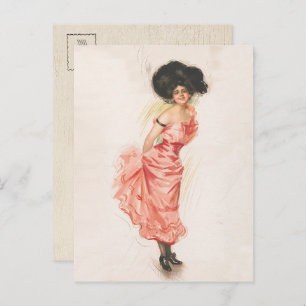 Carte Postale Coquette Brunette Femme en robe de soie rose